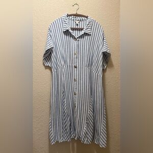 Excellent Condition, Blue & White Striped Button-Front Dress, Size 18/20